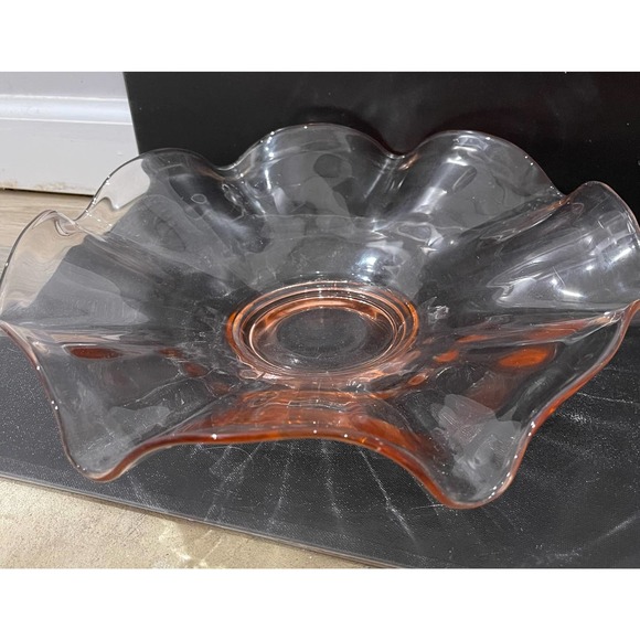 Vintage Pink Depression Glass Ruffled Bowl 14” Serving Bowl - Picture 3 of 6
